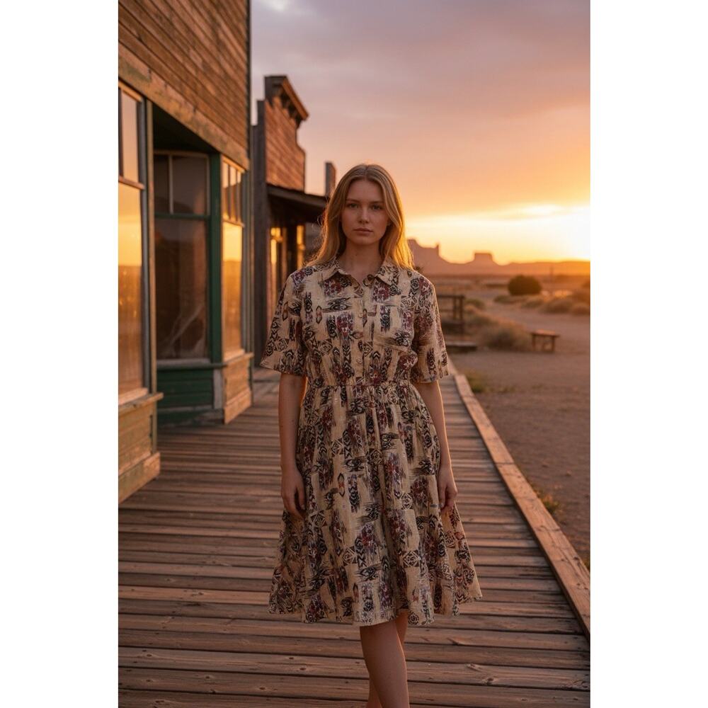 VTG Tapestry Women's 18 Tan Red Blue Aztec Motif Fit Flare A-Line Dress Prairie